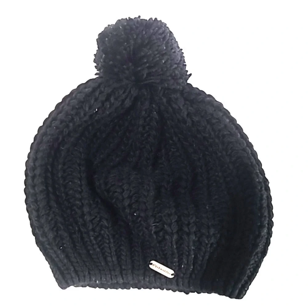 Steve Madden Black Chunky Knit Pom Pom Beanie – One Size Winter Hat